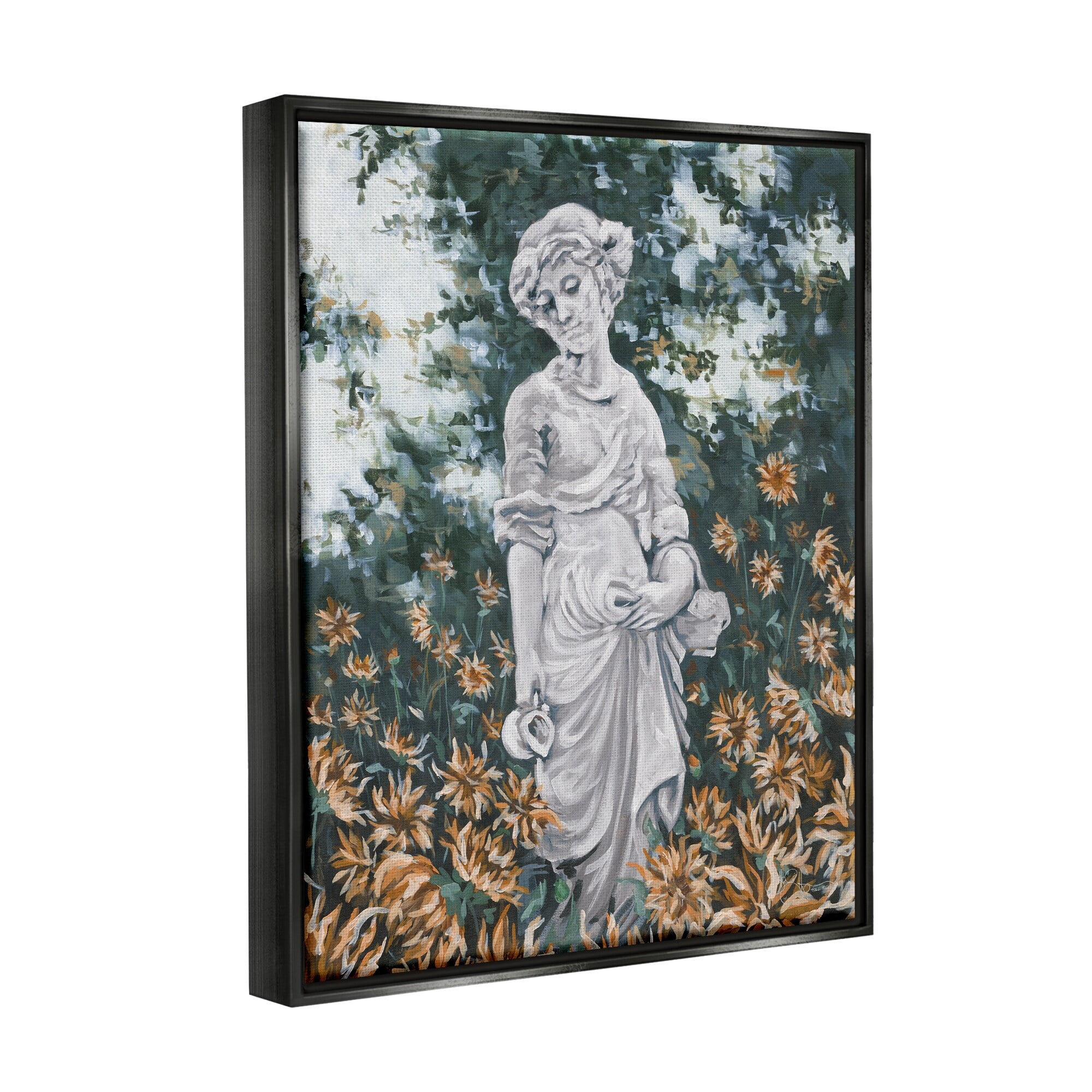 Stupell Industries Graceful Garden Woman Statue Surrounded Flower Blossoms Painting Jet Black Floating Framed Canvas Print Wall Art, Design by Hollihocks Art