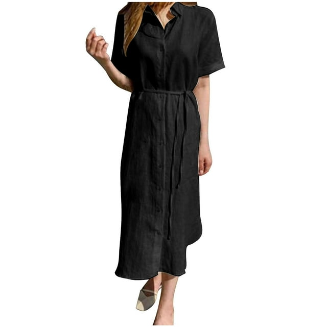Hyknon Robes pour Femmes Mode Été Nouvelle Couleur Unie Manches Courtes Col en V Taille Ourlet Robe Décontractée Douce Fluide Ample