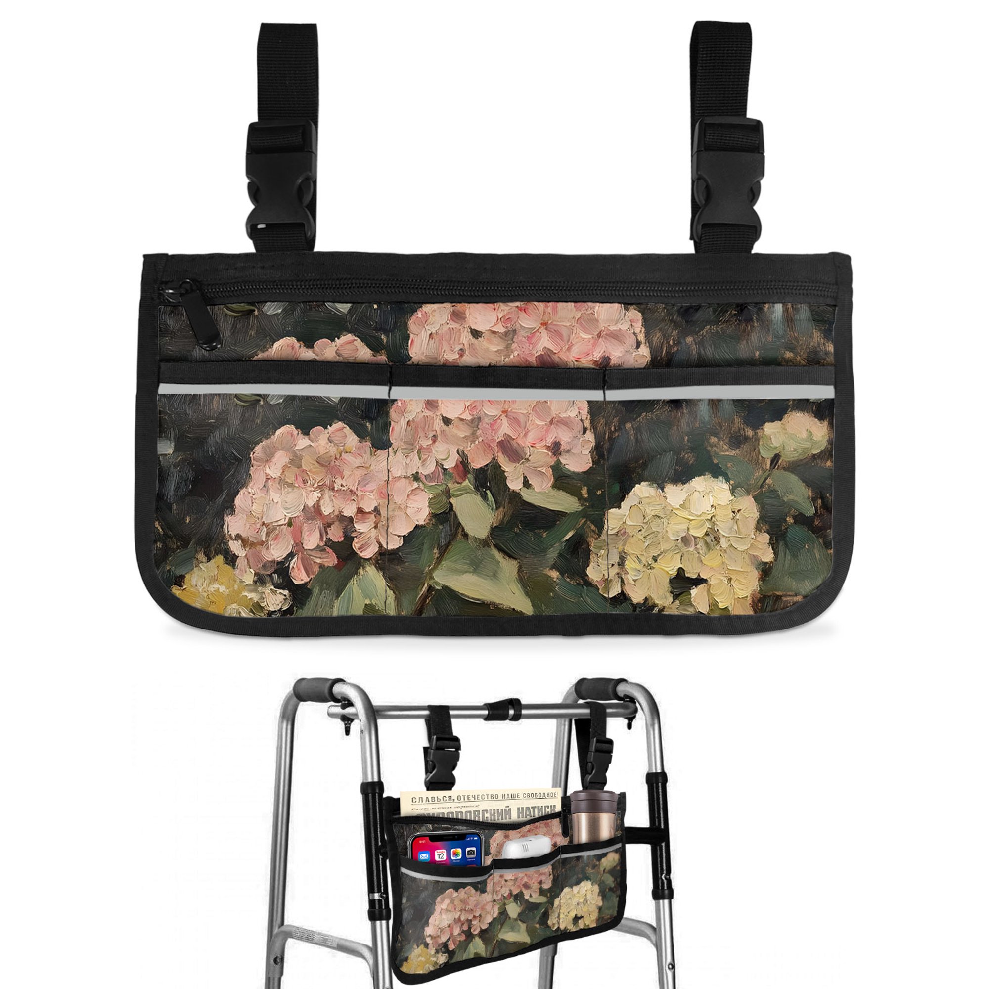 Pink Hydrangea Wheelchair Side Bag with Cup Holder, Garden Blossoms Floral Botanical Wheelchair Armrest Bag Storage Pouch Adults, Seniors for Walkers, Rollator, Scooter