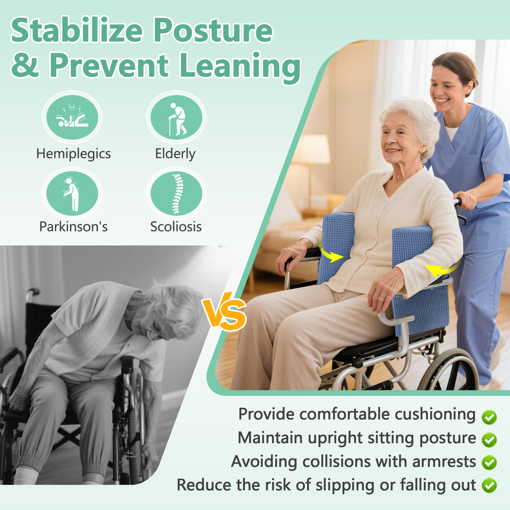 Wheelchair Lateral Support Side Cushions, Lateral Positioning Wedge Pillows with Adjustable Straps for Posture Correction, Foam Padding Guards for Elderly & Adult