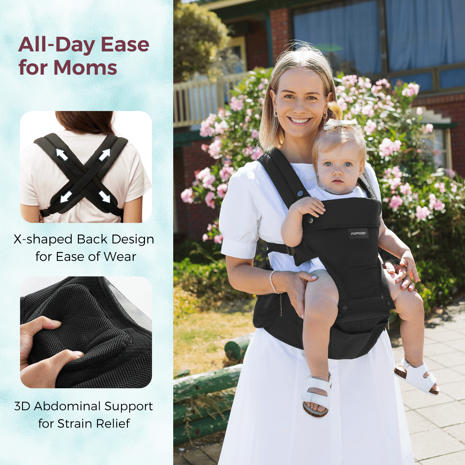 Momcozy Baby Carrier with Hip Seat, 2-in-1 Detachable Infant Hip Seat Carrier for Toddlers up to 44lbs. Breathable for Hands-Free Carrying. Fits Waist Sizes up to 47 Inches for Mom & Dad