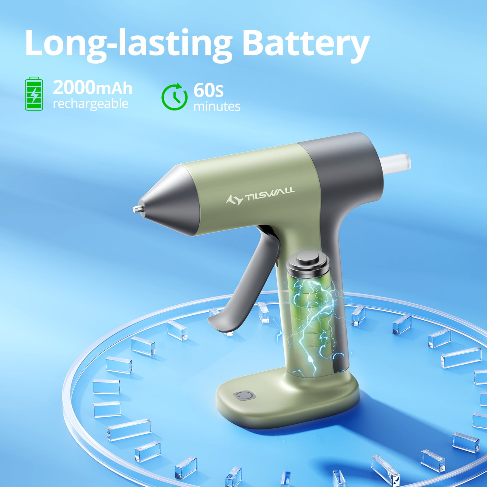 Tilswall Cordless Hot Glue Gun, High Temperature, 30s Fast Preheating Anti-drip Glue Gun, 2Ah USB-C Rechargeable, with 20 Pcs Mini Glue Sticks Set for DIY Craft, Home Decor, Green