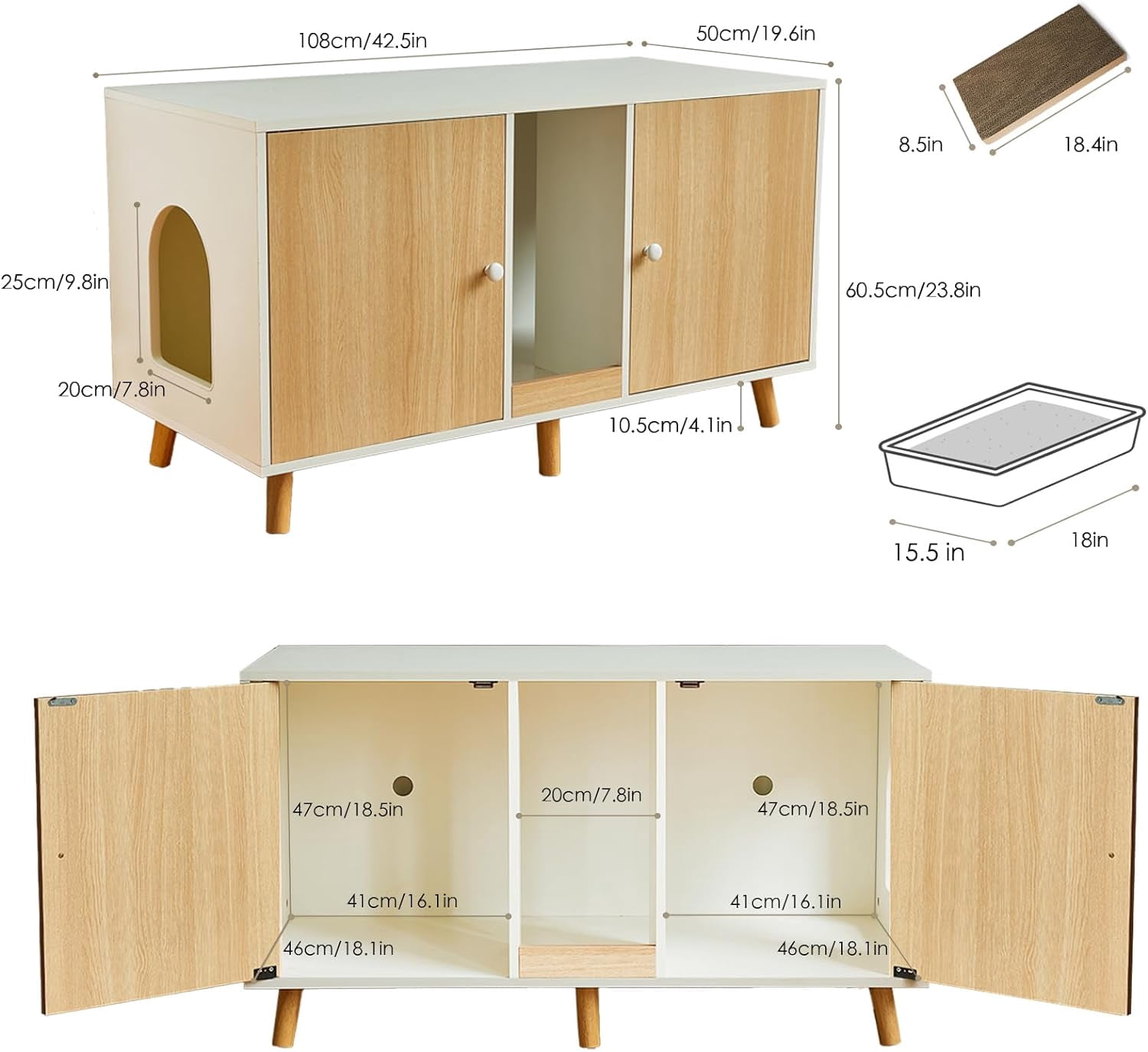JanflyHome Litter Box Enclosure for 2 Cats, Hidden Litter Box with Double Room and Scratching Board, Cat House Kitty Washroom, Natural Wood
