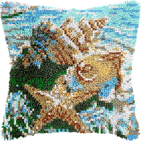 Starfish Shells and Conch on Beach Latch Hook kits Pillow Printed Canvas Cushion Crochet Yarn Needlework DIY Hook Latch Kit Pillowcase Rug Cover Home Sofa Christmas Decor 43x43cm(3)