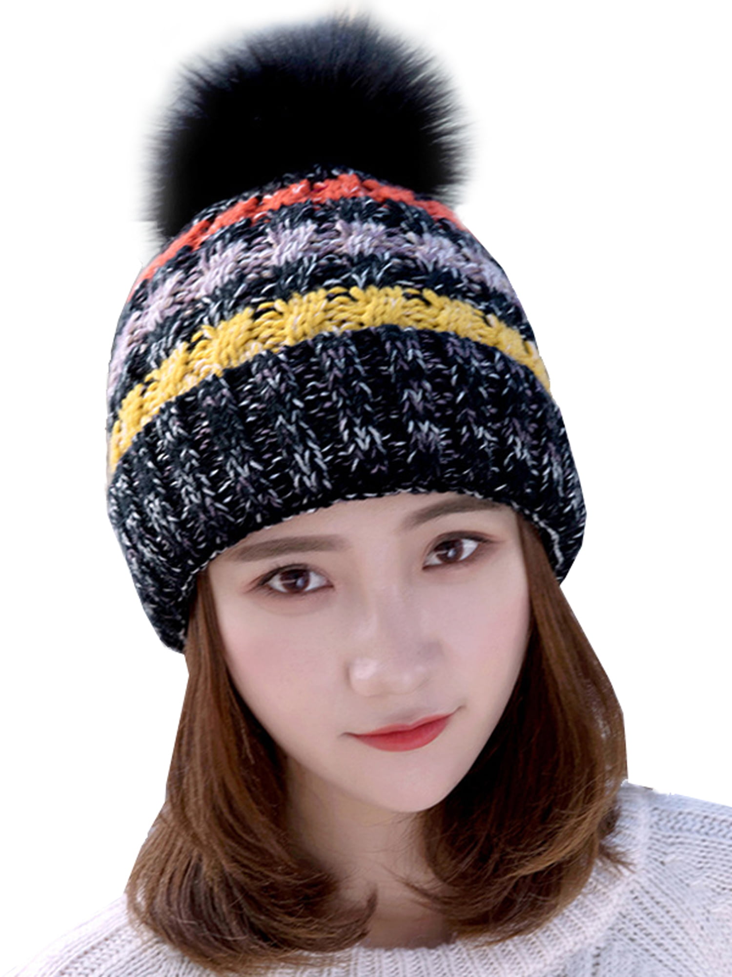 New Womens Warm Wool Cable Knitted Fur Pom Beanie Bobble Ski Hat Winter Cap 