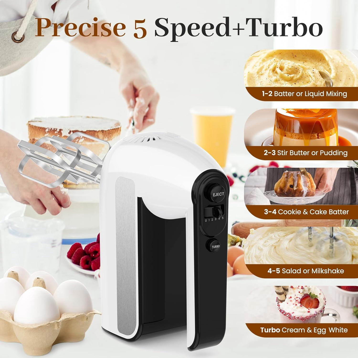 5-Speed Electric Hand Mixer with Turbo, 800W Kitchen Food Mixer for Baking & Cooking