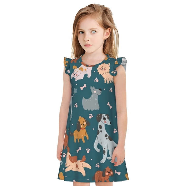 Fotbe Dogs Vestido de Dormir para Niñas de 3 a 10 Años, Mangas Cortas, Estilo Princesa, Pijama Camisón con Mangas Voladas-Medium