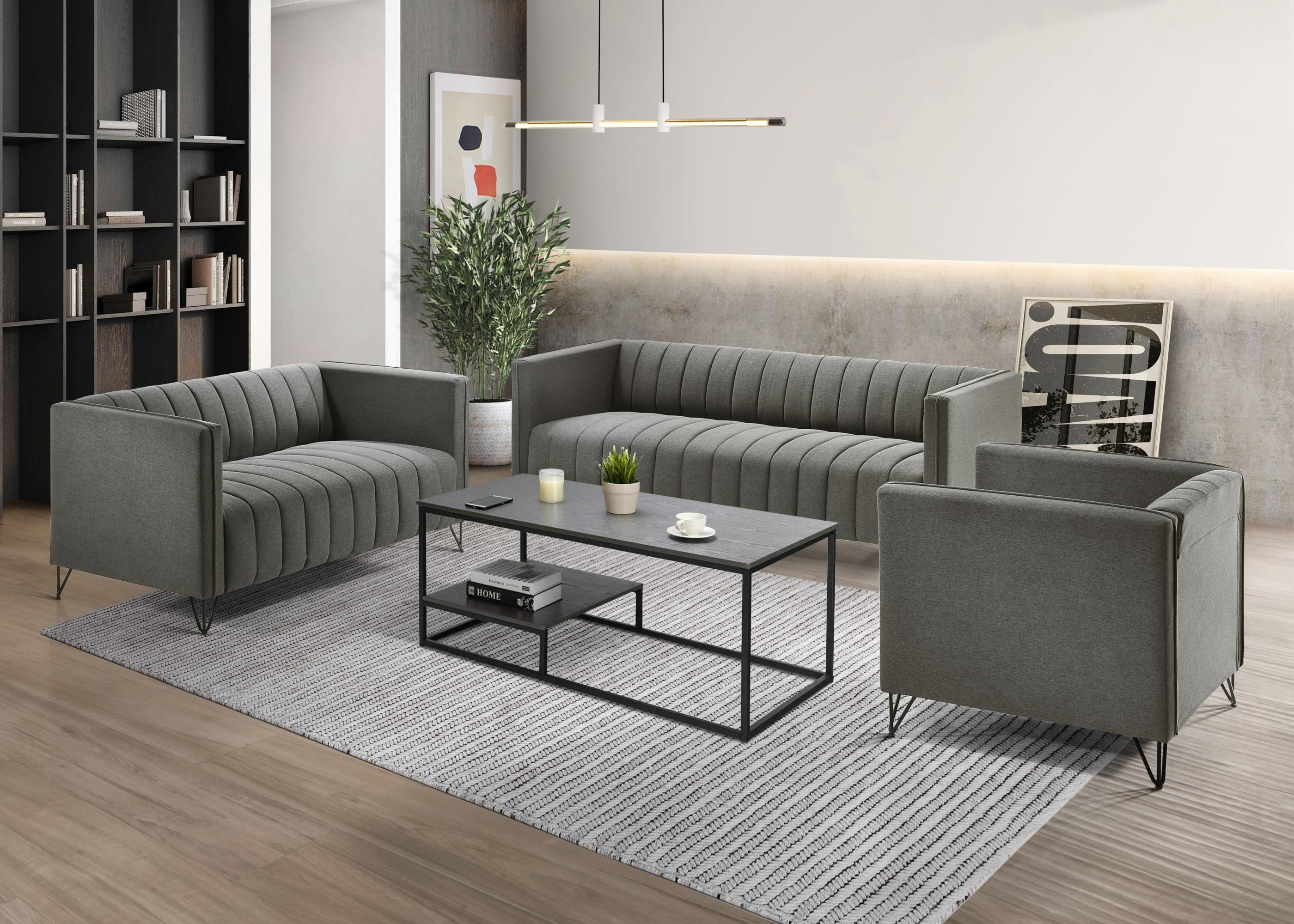 Home Design Kurtis Square Arm Sofa with Tufted Velvet Upholstery and Gold Metal Legs, Flared Arms, Modern Living Room Seating, Gray