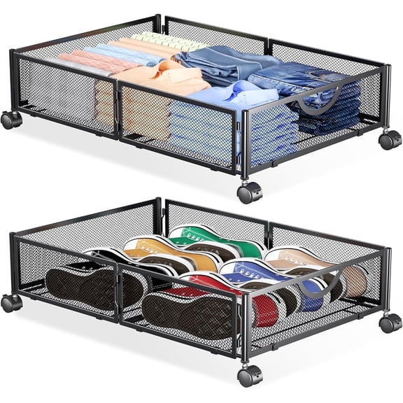 Yecaye Under Bed Storage Containers Metal Mesh with Wheels 2 Pack, Black