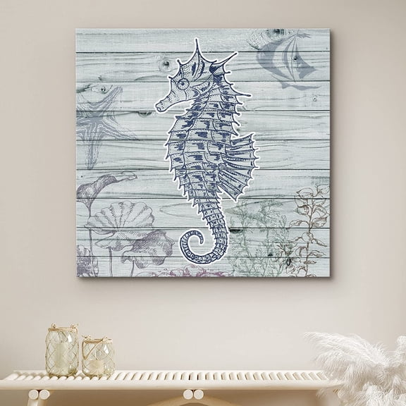 PixonSign Canvas Print Wall Art Seahorse Swims in Ocean Animals Beach Digital Art Modern Art Nautical Relax/Calm Blue Duotone for Living Room, Bedroom, Office - 12"x12"