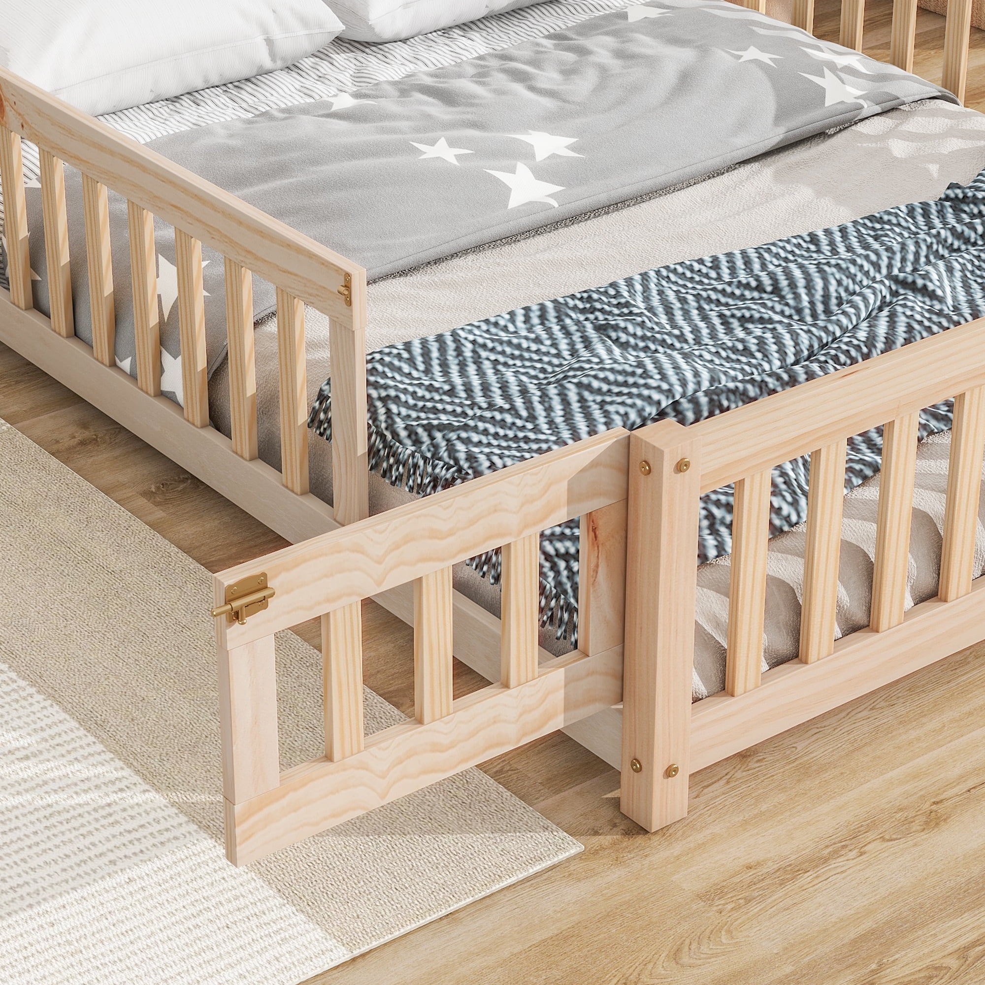 PORKISS Full Size House Platform Bed for Kids with House-Shaped Headboard, Low Floor Bed with Guardrails Fence, Natural