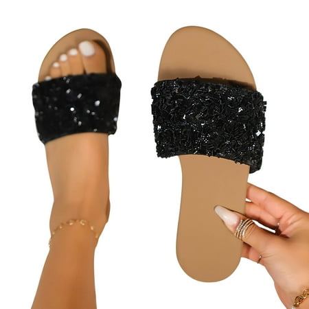 

WQJNWEQ Women s Flats Shoes Leisure Casual Flip Flops Exposed Toe Bottom Rhinestone Sequined Beach Shoes Comfort