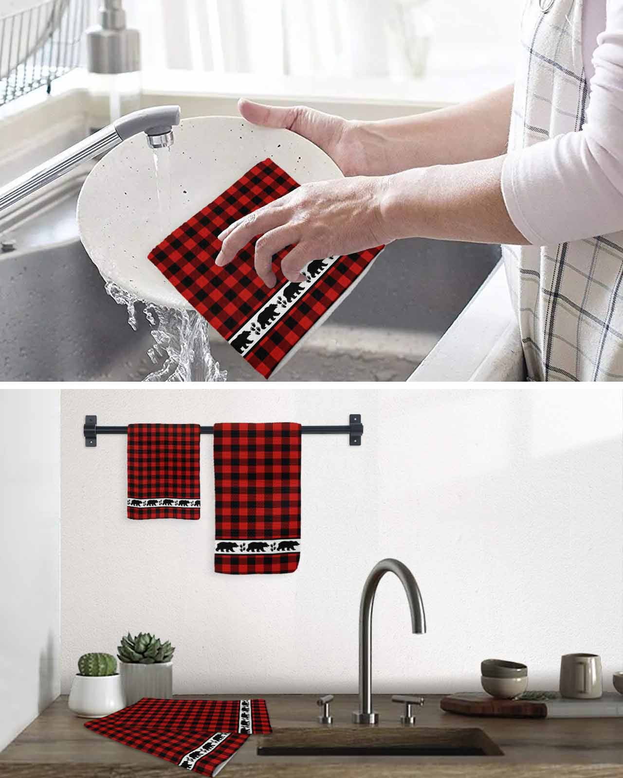 Red Black Plaid Kitchen Dish Towels for Drying Dishes Set of 4, Country Vintage Bear Buffalo Gingham Waffle Weave Microfiber Hand Tea Bathroom Towels Quick Dry & Absorbent Towel 12x12