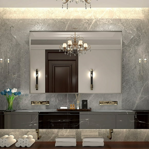 36x24inch Glossy Brushed Silver Framed Mirror For Bathroom Rectangular Wall Bathroom Mirror Metal Frame Farmhouse Mirror Large Decorative Square Corner Rectangle Mirror