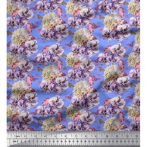 Soimoi Viscose Chiffon Fabric Insect,Pansy & Yellow Flower Floral Fabric Prints By Yard 42 Inch Wide
