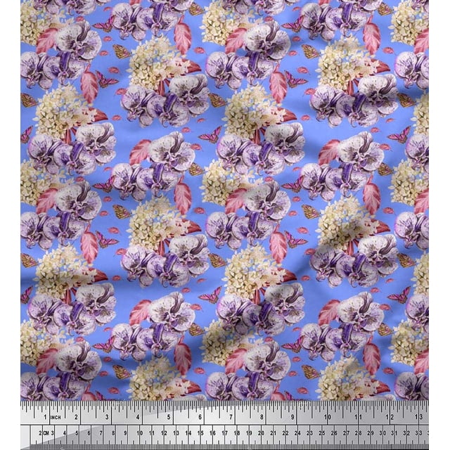 Soimoi Moss Georgette Fabric Insect,Pansy & Yellow Flower Floral Fabric Prints By Yard 42 Inch Wide