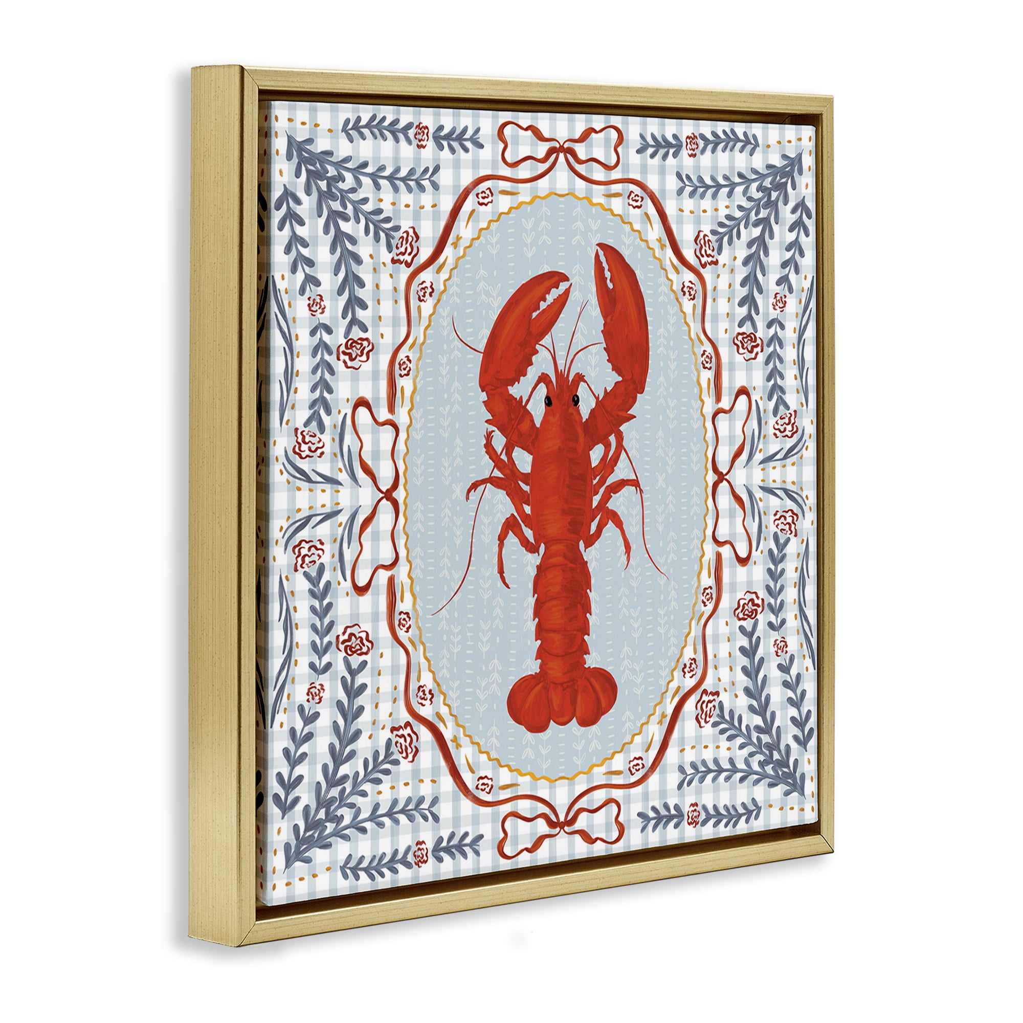 Stupell Industries Lobster Portrait Blue Gingham Gold Framed Floater Canvas Wall Art, design by Vero Illustrates