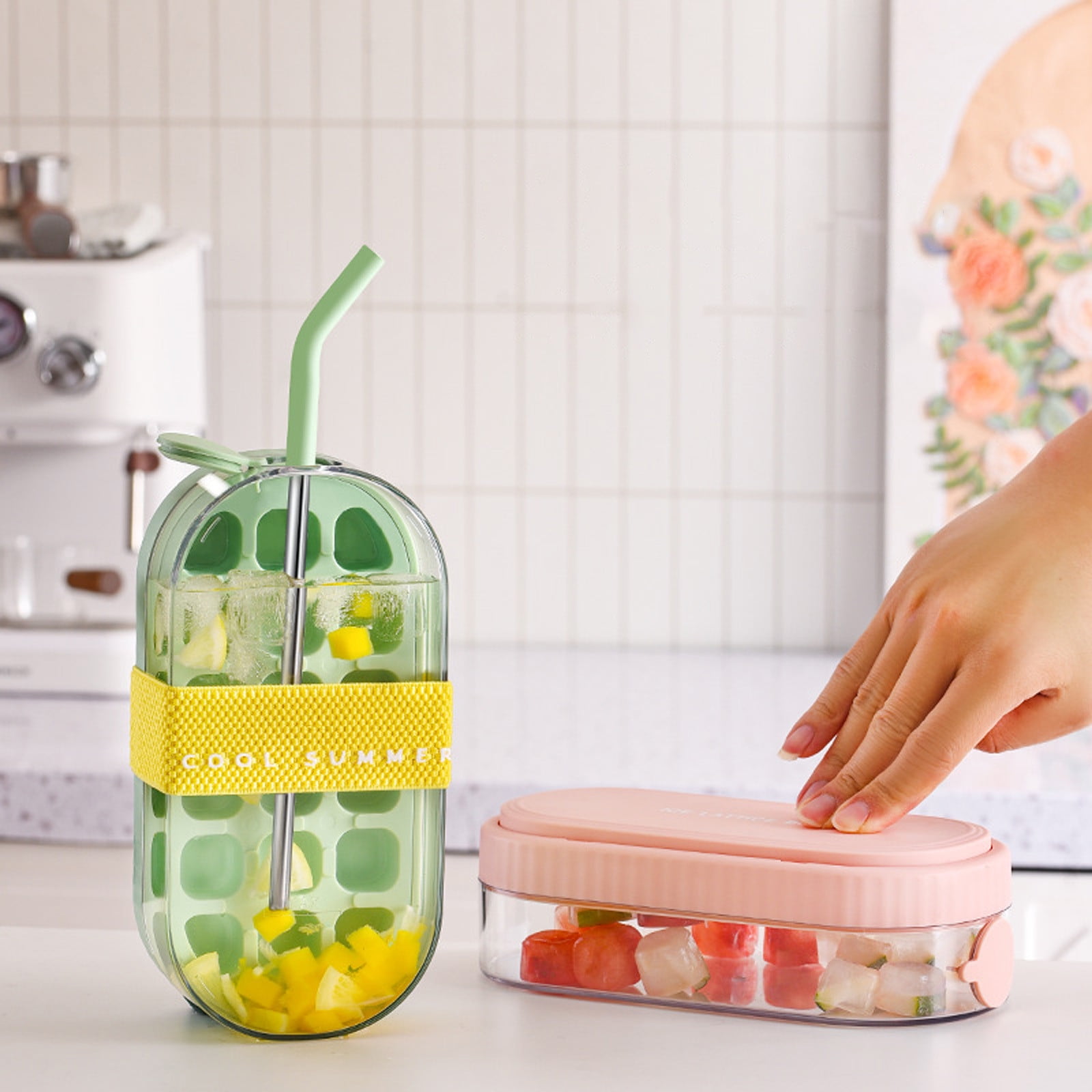 Eqslft Ice Cube Bottle, 2 in 1 Touch Free Ice Cube Tray Water Bottle Come With Reusable Straw Tray Easy To Take Ice By Pressing Suitable For Coffee Juice Drinks