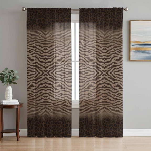 Sheer Curtains 63 Inch Length 2 Panels Set for Bedroom, Brown Zebras Striped Semi Sheer Curtains for Windows, Vintage Animal Skin Print Voile Window Treatments Rod Pocket Curtain