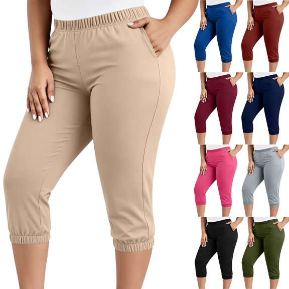 Women's Plus Size Cropped Casual Trousers, Elastic Waist Functional Side Pockets, Pull‑on Capris for Women for Office Clothes for Women Summer Daily | TruHer,Beige 2XL