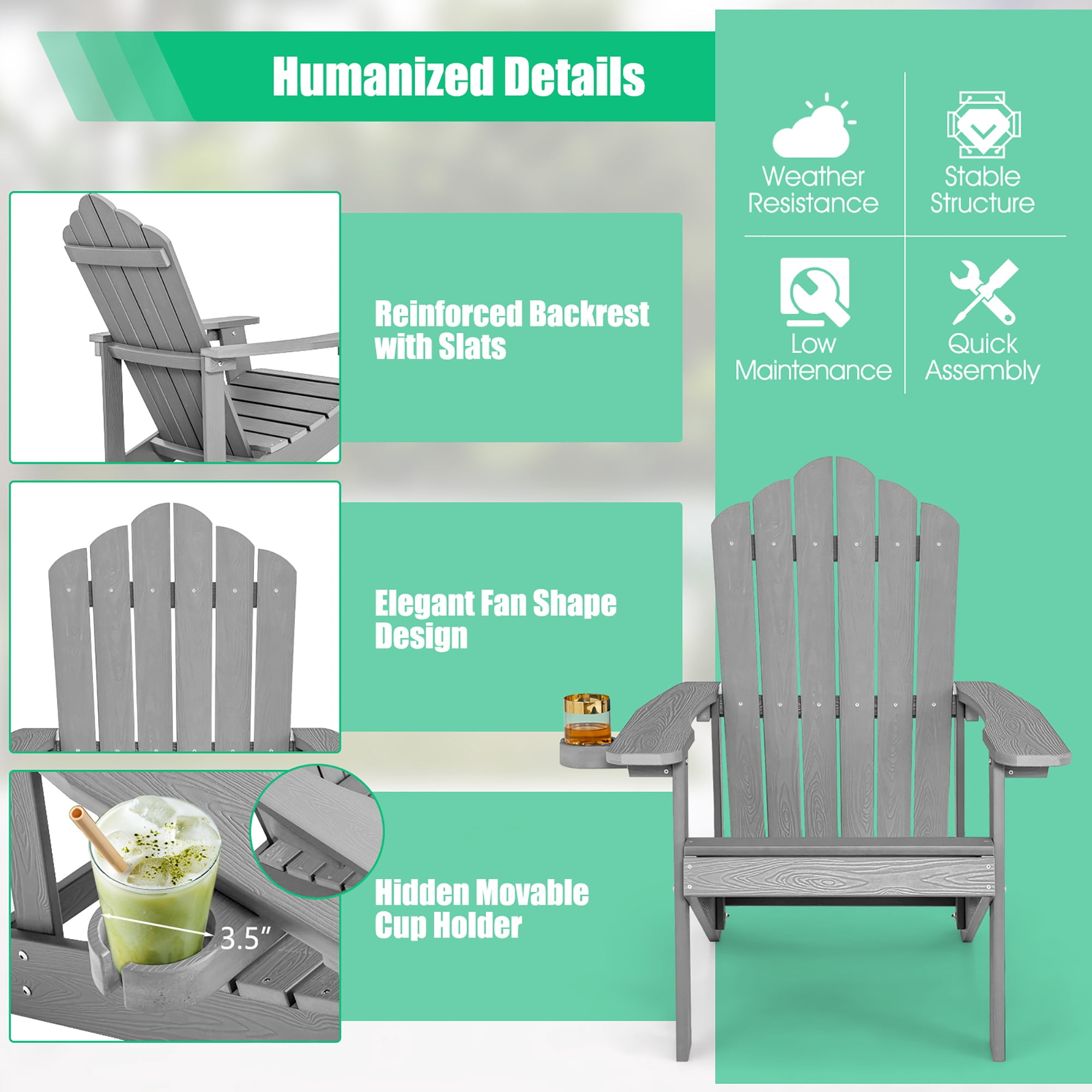 Costway Patio HIPS Adirondack Chair with Cup Holder Weather Resistant Outdoor 380 LBS Grey