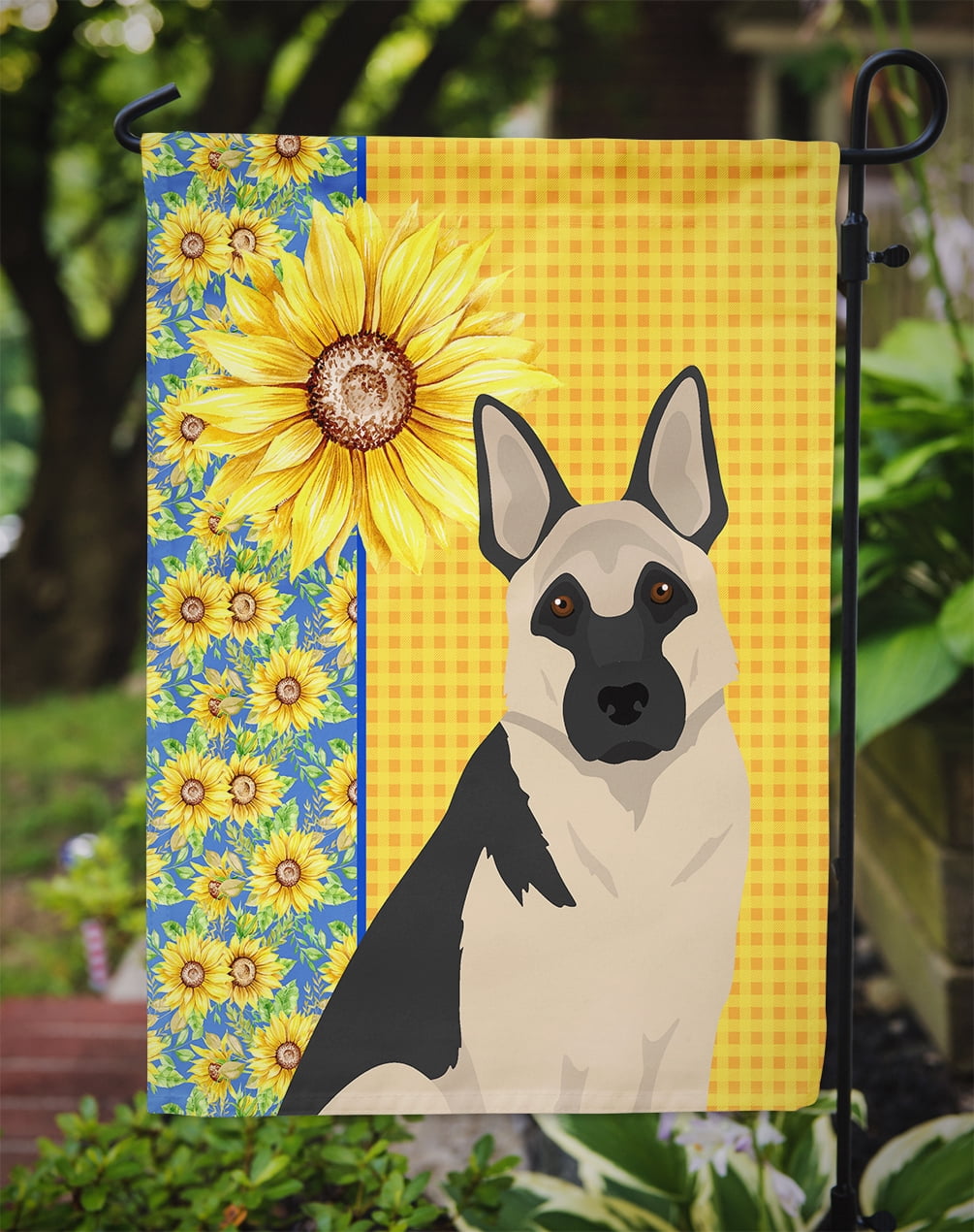 Summer Sunflowers Black and Silver German Shepherd Flag Garden Size 11.25 in x 15.5 in