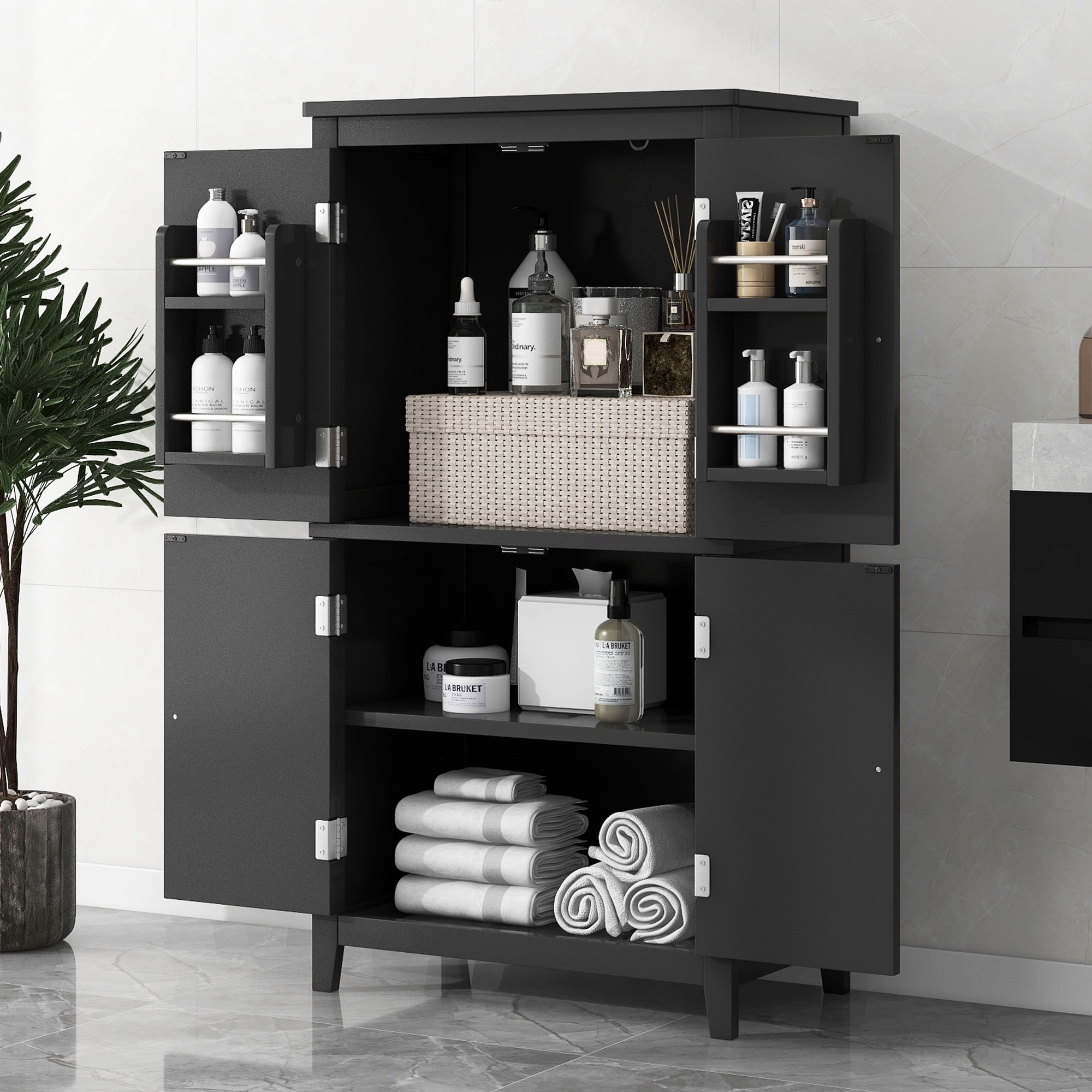 Bathroom Floor Storage Cabinet with 4 Doors, Adjustable Shelves, Black
