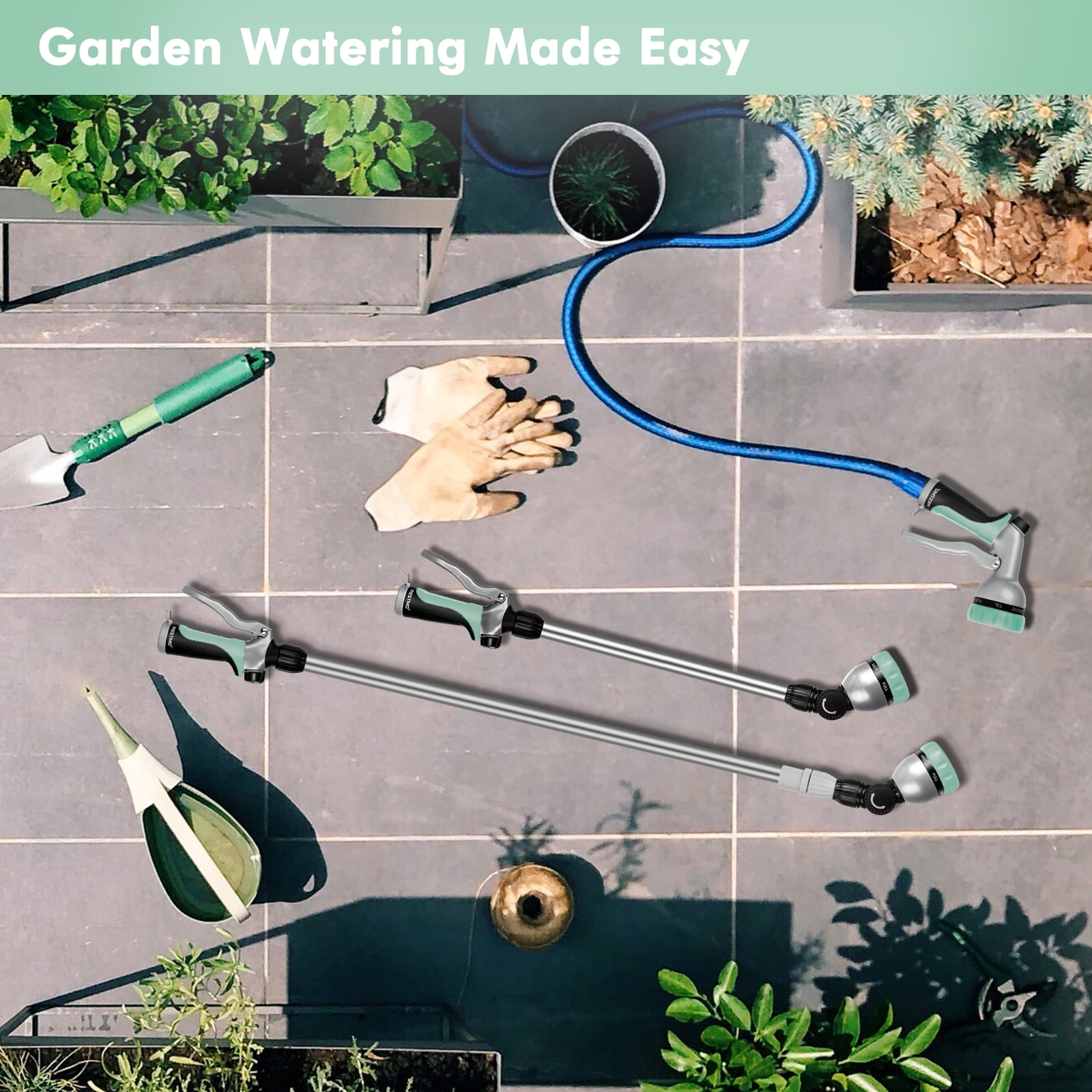 Restmo Telescopic Metal Watering Wand, 36-60 Inch Long Adjustable Tube with 180° Ratcheting Head, 7 Spray Patterns and Flow Control | Garden Hose Sprayer for Hanging Baskets, Shrubs, Lawn, Cyan