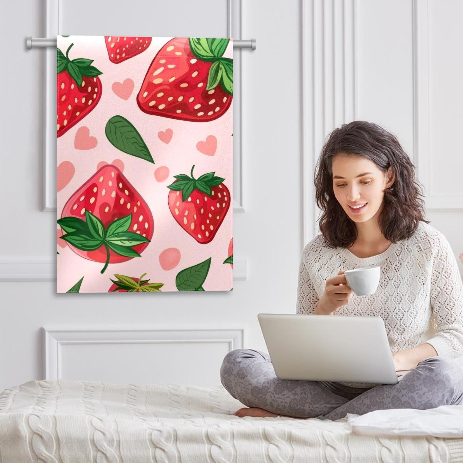 Welcome Strawberry with Green Leaves Pink Hearts Garden Flag, Vertical Double Sided Small House Flag, Yard Farmhouse Outdoor Deck Veranda Lawn Decor 28x40 Inch