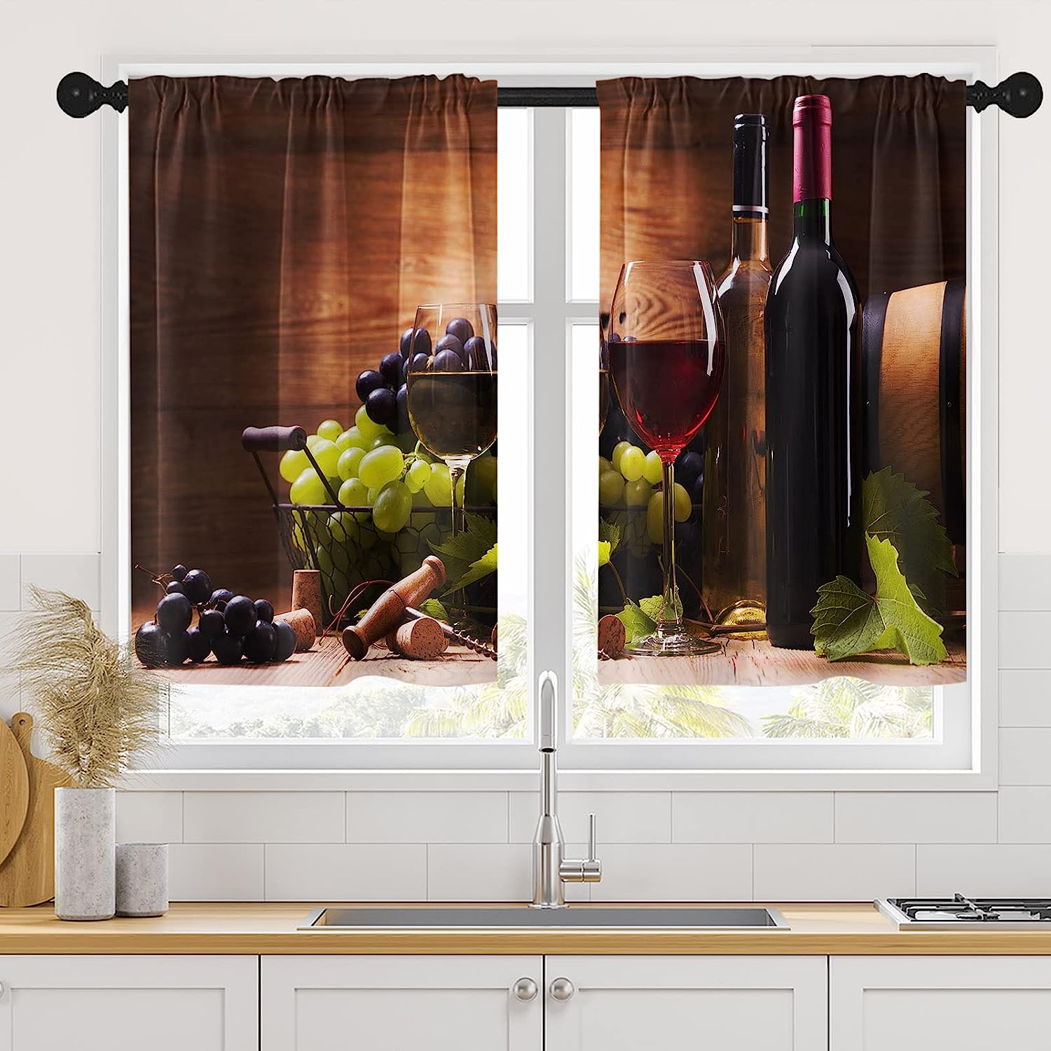 Alishomtll Red Wine Kitchen Curtains Vintage Window Curtains and Valances Set of 2, Grapes
