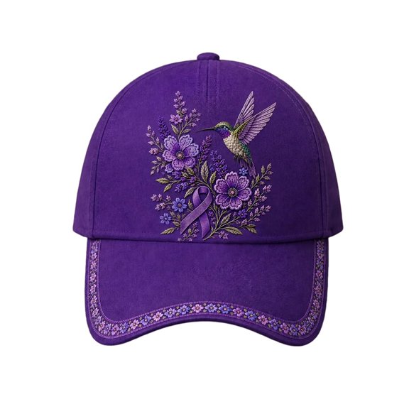 Womens Mens Alzheimers Baseball Cap Unisex Purple Ribbon Floral & Hummingbird Print Hat Alzheimer'S Awareness Support Baseball Hats For Women Men