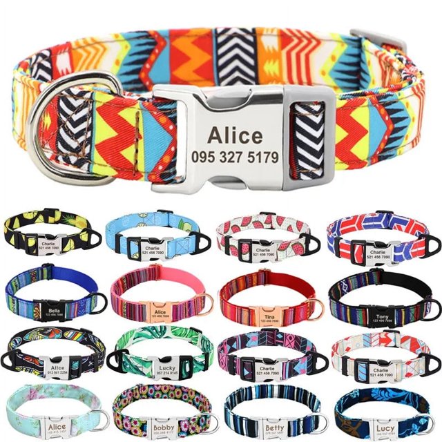 Custom Large Dog Collar Cute Print Personalized Pet Collar Nylon Puppy Dogs ID Collars Engraved Name for Small Medium Large Dog ShopWise Round