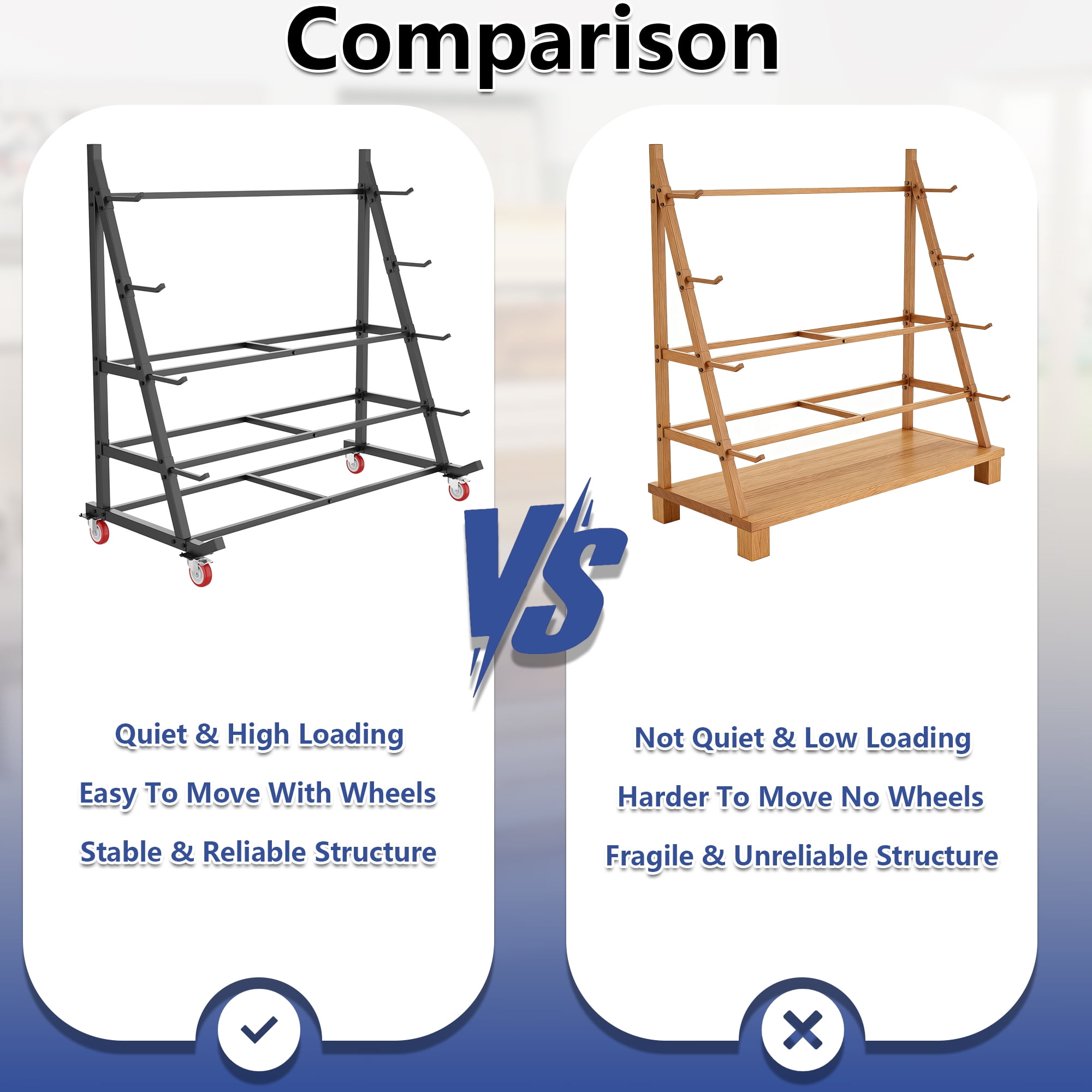 Heavy Duty Lumber Storage Rack, Horizontal Alloy Steel Pipe & Wood Rack with Wheels - 5-Tier Mobile Garage Workshop Organizer (50”W x 25.6”D x 63”H)