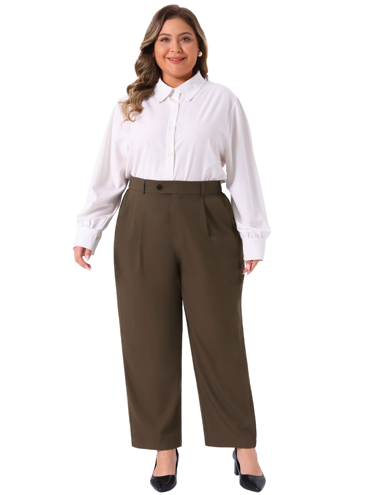 DARING DIVA Women's Plus Casual Elastic High Waisted Long Straight Pants 6X Coffee