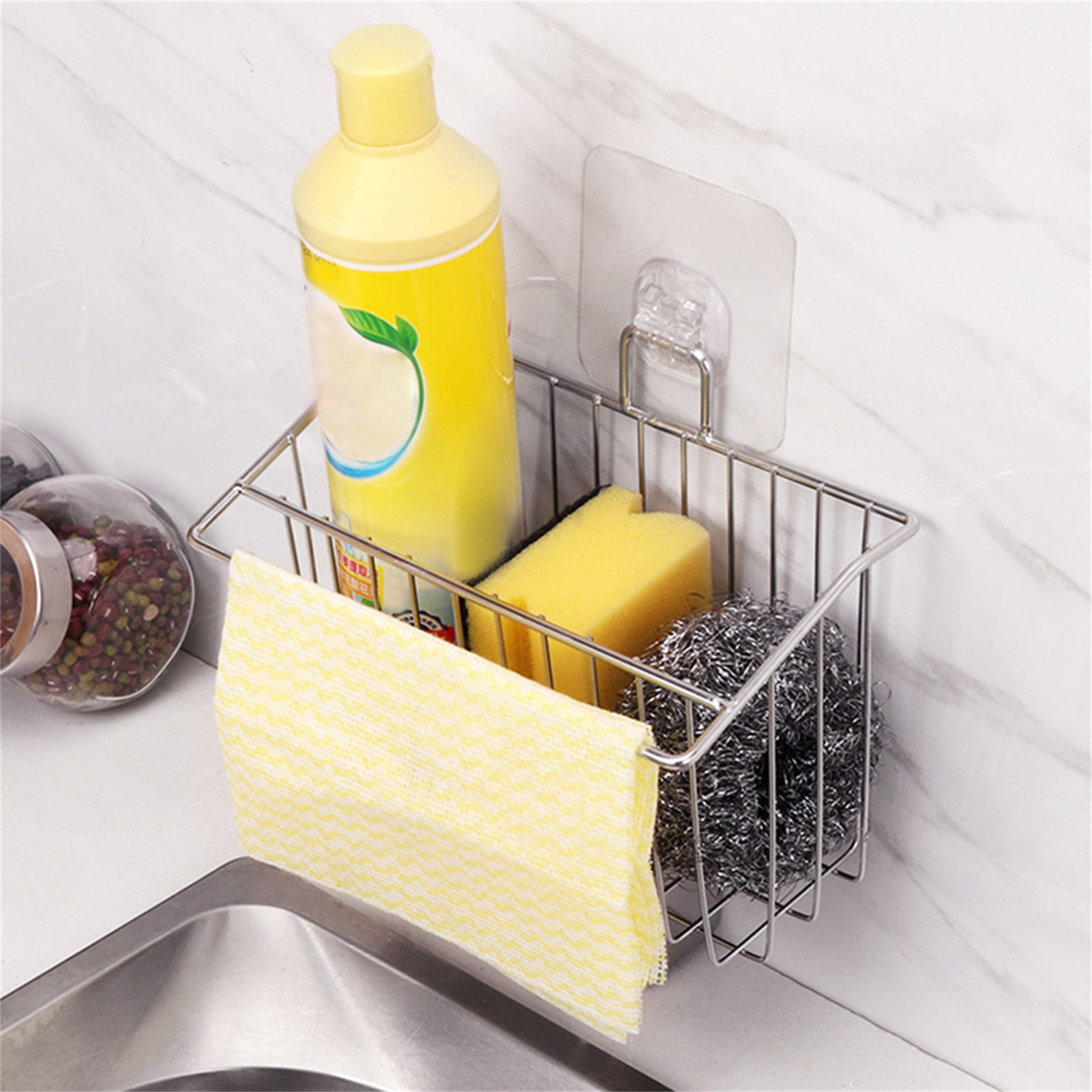stusgo No Drilling Sponge Caddy, 2 in 1 Sink Sponge Holder for Kitchen  Sink, Adhesive Sink Organizer for Dishwashing Brush Soap, SUS304 Stainless