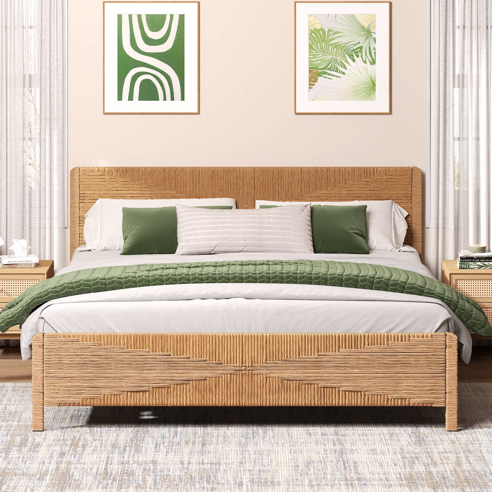 Brafabhome Bohemian King Bed Frame with Hand-Woven PE Rattan Headboard and Footboard, No Box Spring Needed, 1000lbs