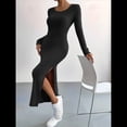thumbnail image 4 of Vestidos Largos de Otoño para Mujer, de Larga, Informales, de Punto Acanalado, Ajustados, Elegantes, con Cuello Redondo y Abertura Lateral Negro XS, 4 of 10