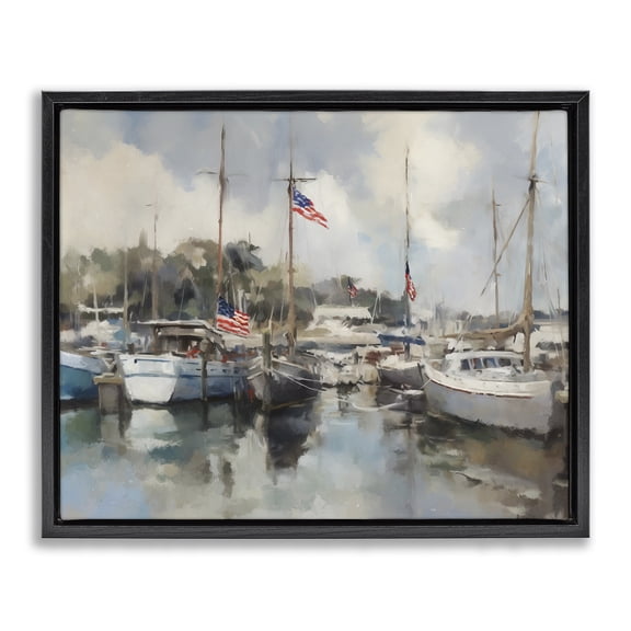 Stupell Industries Coastal Boats with American Flags Black Floating Frame Canvas Art, 21 x 17, by Ziwei Li
