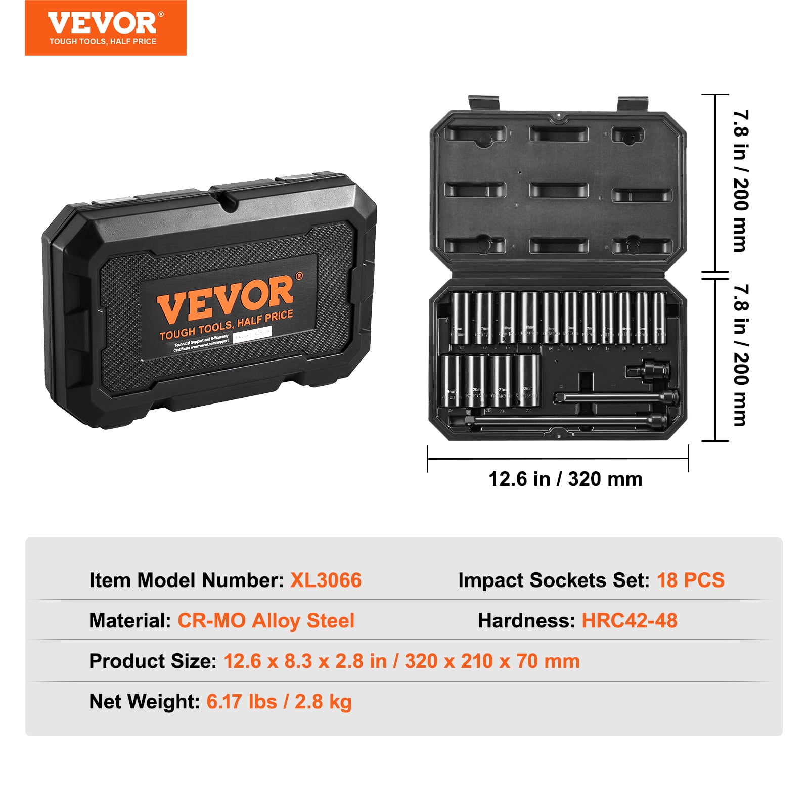VEVOR Drive Impact Socket Set 3/8" - 18 Piece Deep Socket Set Metric 8-22mm - 6 Point CR-V Alloy Steel for Auto Repair - Easy-to-Read Size Markings - Rugged Construction Includes Storage Case