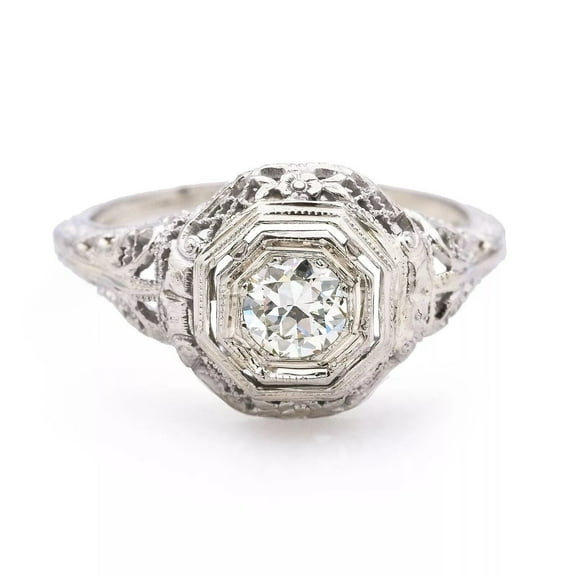 Antique Openwork Filigree Hexagon Engagement Ring 1.7 Ct Diamond 14K White Gold Over