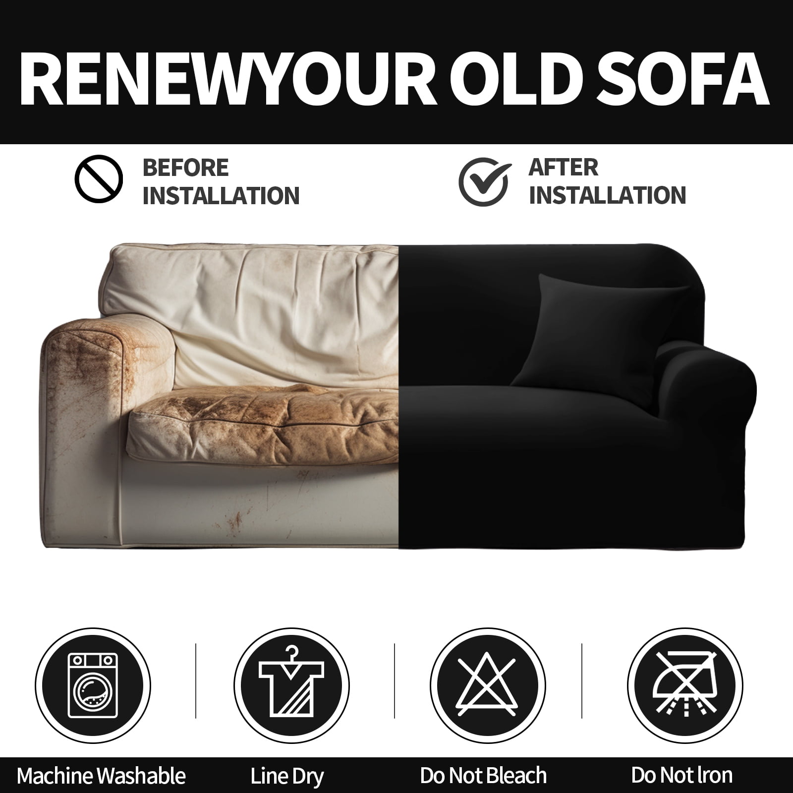 YEAHOME Stretch Sofa Slipcover with Pillow Case 1-Piece Sofa Cover Furniture Protector Couch Soft with Elastic Bottom for Kids Pet Protector Furniture Covers(Oversized Sofa, Black)