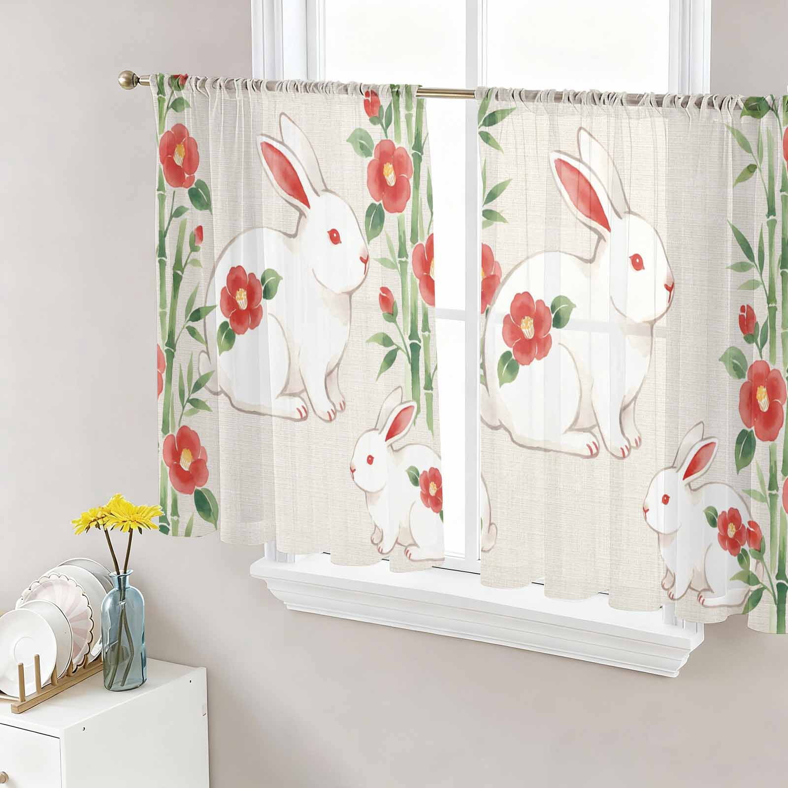 Floral Rabbits Sheer Curtains 2 Panels Set Japanese Red Floral Rabbit Linen Texture Sheer Window Curtains Light Filtering Rod Pocket Voile Drapes for Bedroom Living Room 52"x54"
