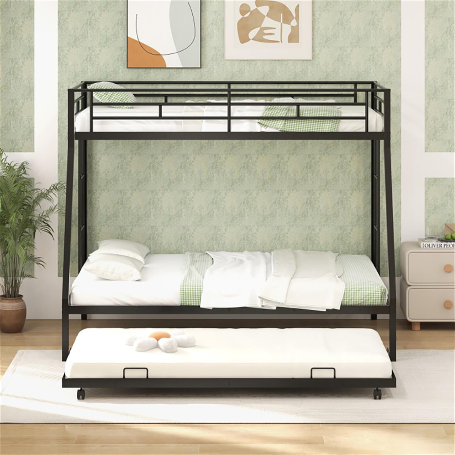 Demi Bonn Twin Pull-Out Bunk Beds with Ladder in the Steps and a Trundle for Guest Room, Full Convertible Bunk Bed Platform, Black