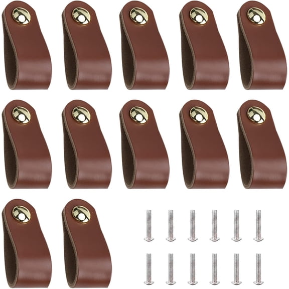 12Pcs Leather Handles Vintage Cabinet Door Handle Brown ​Color Leather Drawer Pulls for Kitchen Bathroom Cabinets Cupboards Wardrobe Dresser 143x25mm