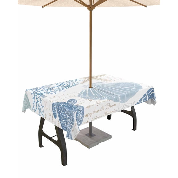 nqOlkjepod Blue Coastal Nautical Outdoor Tablecloth with Umbrella Hole & Zipper, Beach Sea Turtle Ocean Coral Starfish Rectangle Table Cover 60x102 Inch, Waterproof Table Cloth Protector for Patio