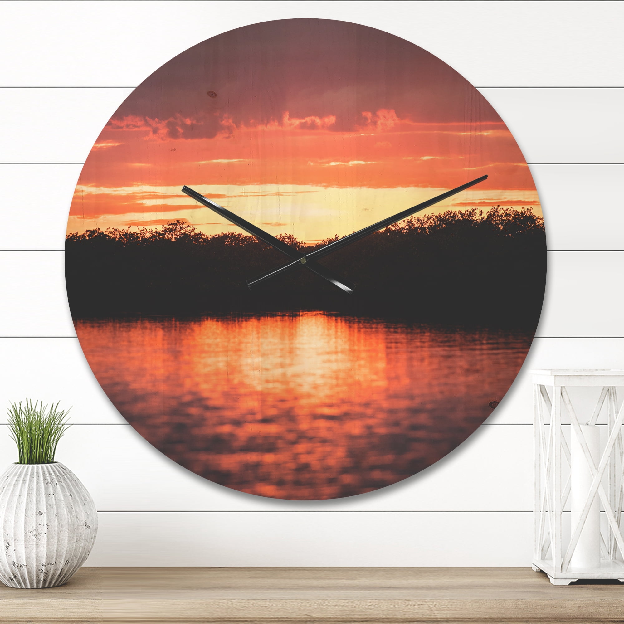 Designart 'Sunset Lights on Tropical Lagoon ' Farmhouse Wood Wall Clock