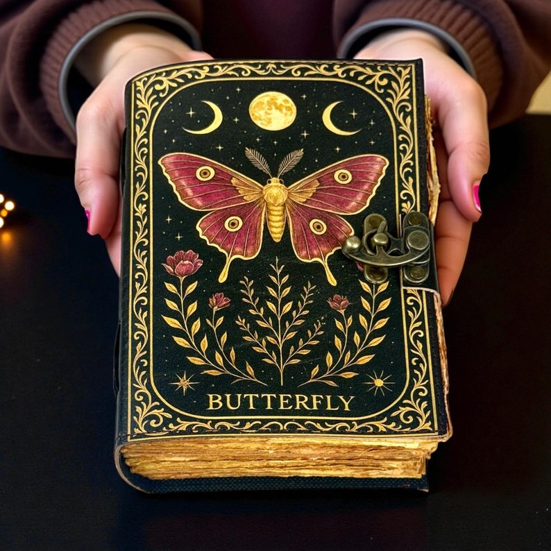 Handmade Leather Butterfly Journal, 5x7” Vintage Notebook with 200 Handmade Pages & Antique Clasp – Boho Writing Diary & Gift
