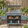 thumbnail image 3 of LuckyNote Outdoor Kitchen Island, 54.1" Tall Potting Bench Table with Stainless Top, Solid Wood Grill Cart with High Shelf & Hooks, Lockable Wheels for BBQ Garden, 3 of 24