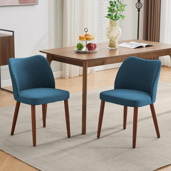 Dining Chair Set of 2, Linen Upholstered Dining Chair with Wood Legs, Wing Backrest, Wooden Kitchen Chair, Kitchen Chairs with Thick Cushions for Dining Room, Living Room, Blue