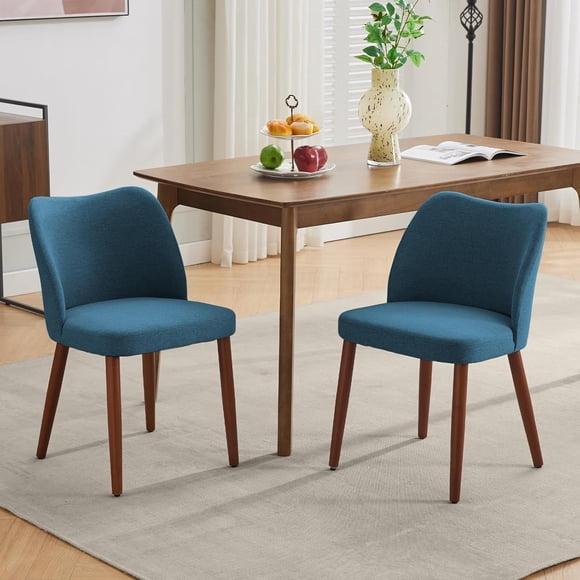Dining Chair Set of 2, Linen Upholstered Dining Chair with Wood Legs, Wing Backrest, Wooden Kitchen Chair, Kitchen Chairs with Thick Cushions for Dining Room, Living Room, Blue